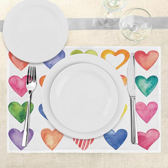 Ambesonne Grunge Place Mats Set of 4, Rainbow Color Heart Shapes Valentine's - Image 3