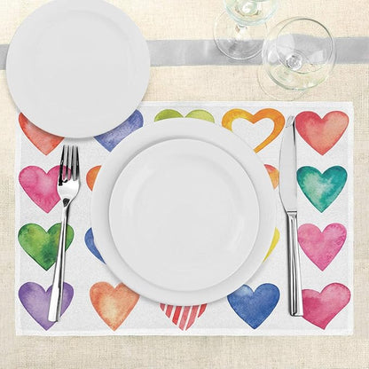Ambesonne Grunge Place Mats Set of 4, Rainbow Color Heart Shapes Valentine's - Image 3