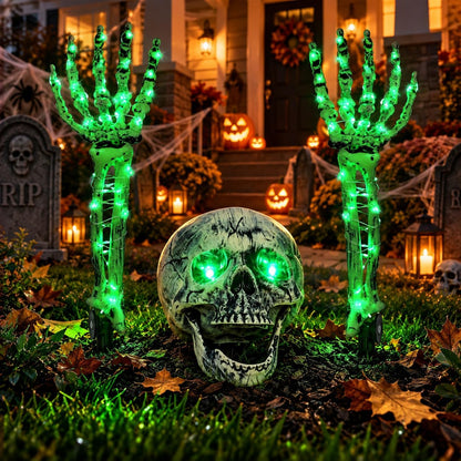 Halloween Skeleton Decorations Outdoor, Light Up Skull Head & Skeleton Hands Lights Stake with Green LED, Battery Operated Halloween Yard Decor for Lawn, Garden, Graveyard, Haunted House & Party