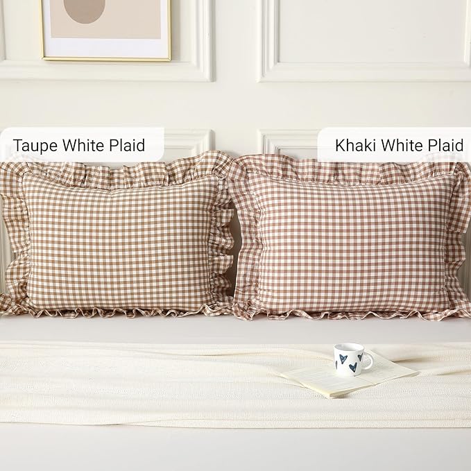Aryeleay 2 Pack Khaki White Plaid Gingham Ruffle Pillow Shams Standard Size - Image 7