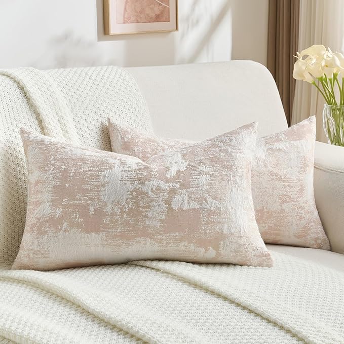 FUTEI Pink White Decorative Throw Pillow Covers 12x20 Inch Set of 2, Soft Faux by FUTEI