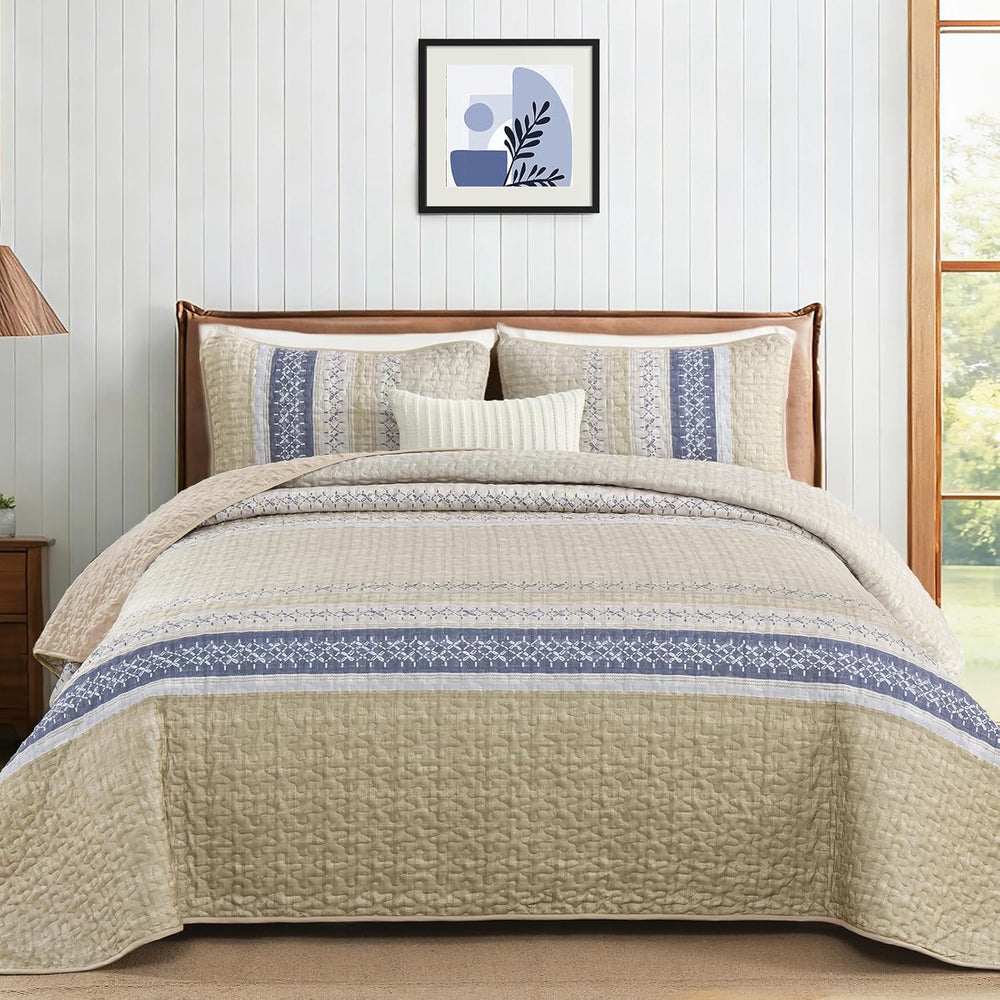 Cottolester Queen Quilt Bedding Set,Beige Blue Patchwork Striped Bedspread
