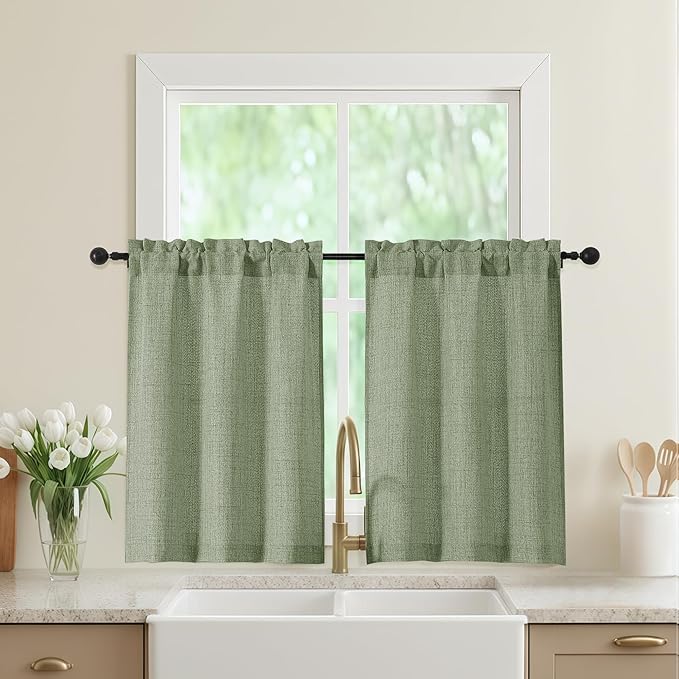 Sage Green Kitchen Curtains 36 Inch Length 2 Panels, Light Filtering Farmhouse by WelvetBLK