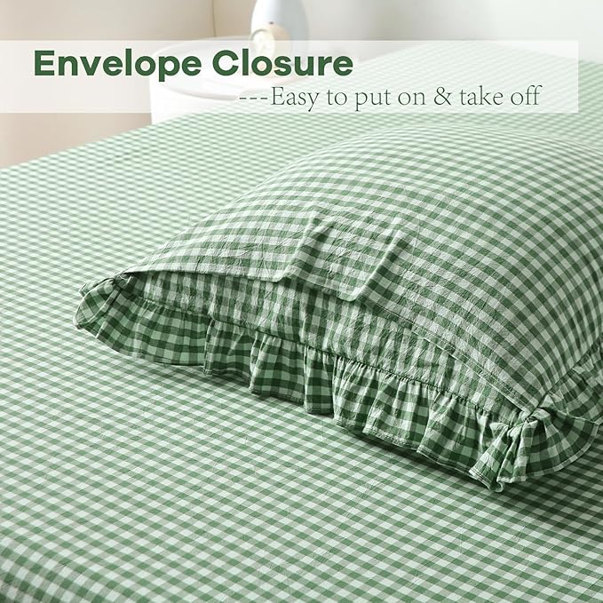 2 Pack Christmas Green White Plaid Ruffle Gingham Euro Pillow Shams, 100% - Image 4