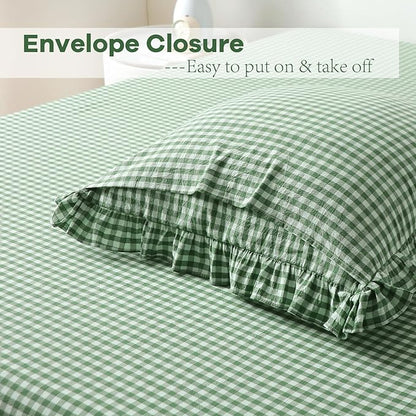 2 Pack Christmas Green White Plaid Ruffle Gingham Euro Pillow Shams, 100% - Image 4