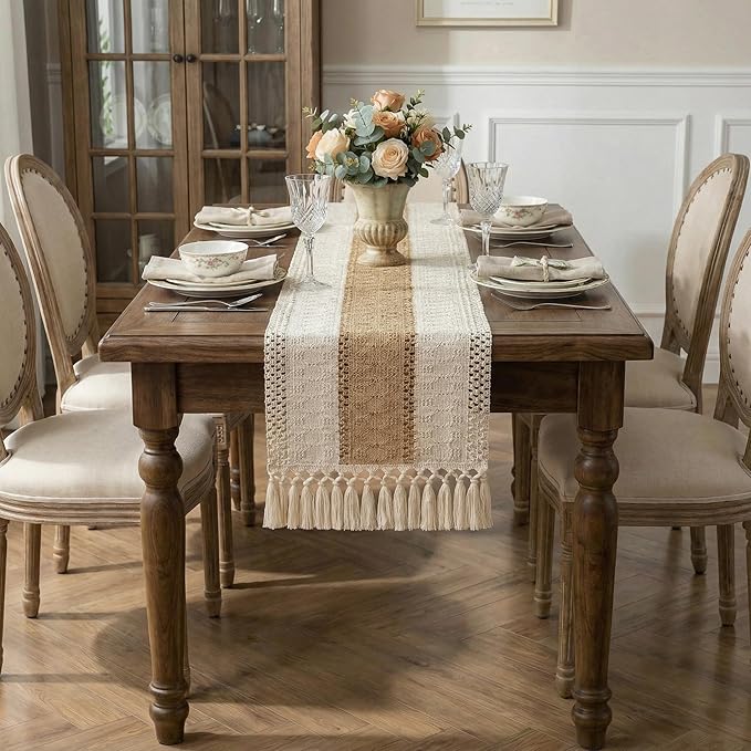 Boho Macrame Table Runner with Tassels Farmhouse Rustic Dining Woven Table - Image 5