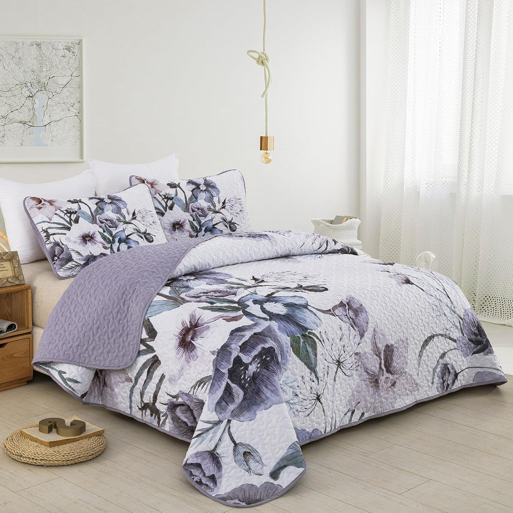 Drucon Purple Floral Quilt Set King 3 PCs Purple Botanical Flower Quilt Set