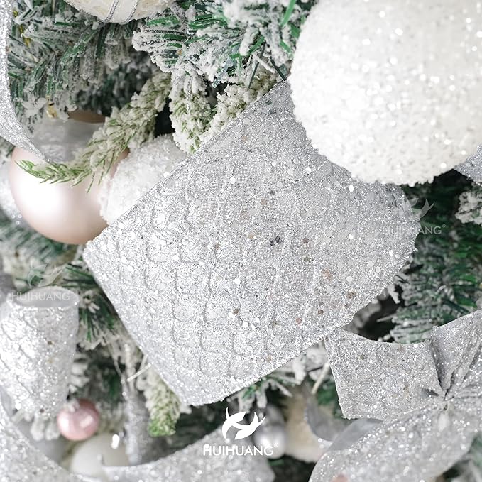 HUIHUANG Silver Christmas Ribbon 4 inch Silver Glitter Wired Ribbon Diamond - Image 4