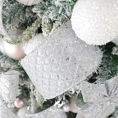 HUIHUANG Silver Christmas Ribbon 4 inch Silver Glitter Wired Ribbon Diamond - Image 4