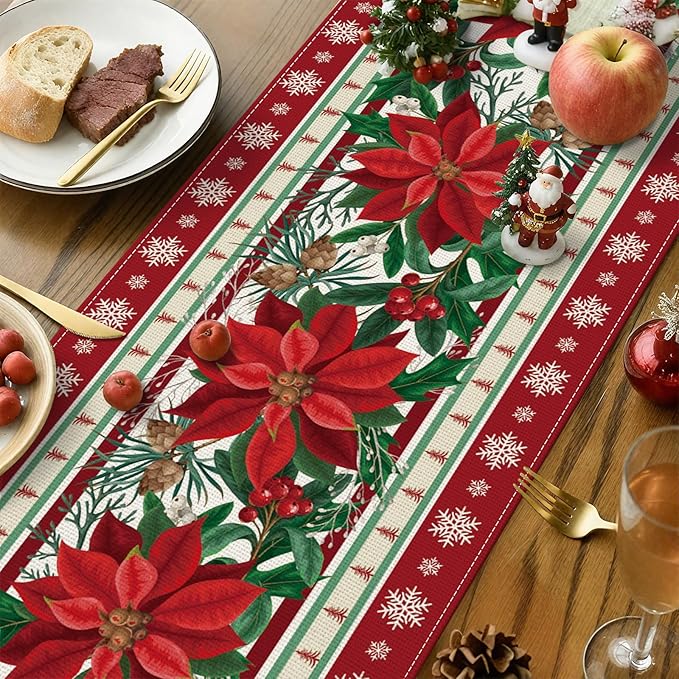 OTOSTAR Snow Holly Pinecone Christmas Red Flower Table Runner, Xmas Seasonal - Image 3