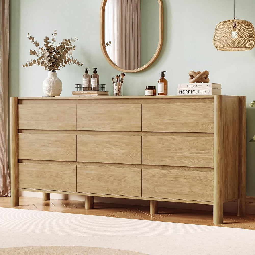 HOUROM Oak Dresser for Bedroom,63" Wide 9 Drawer Mid Century Modern Chest
