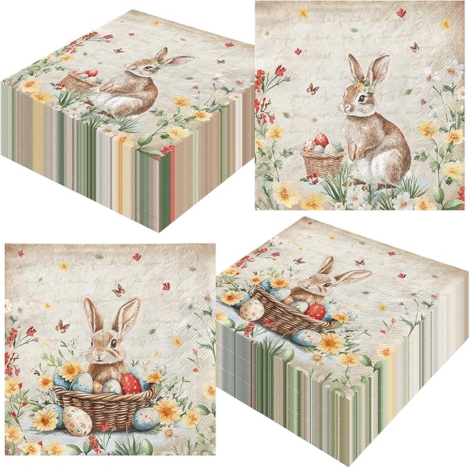 40Pcs Easter Paper Napkins, Easter Party Decoration Retro Easter Bunny Party by HAKOTI