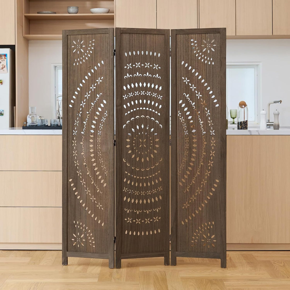 66.9inch folding room divider, 3 panels wood carved shown in use