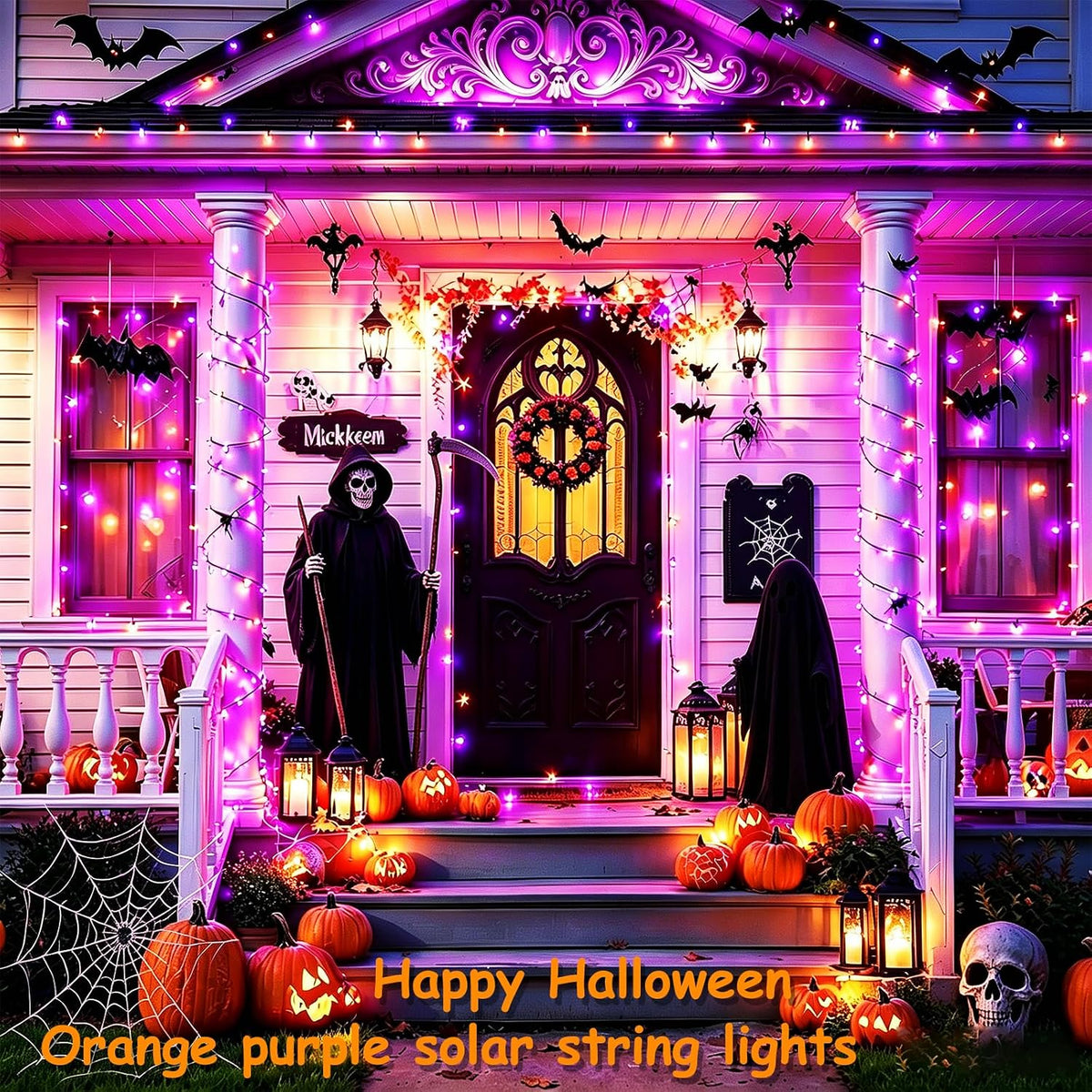 Jedavai 6Pack 240FT 600 LED Solar Halloween String Lights, Orange & Purple Solar Lights Outdoor with 8 Lighting Modes Waterproof Solar Fairy Lights for Garden Yard Patio Party Tree Decoration