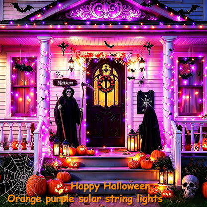 Jedavai 6Pack 240FT 600 LED Solar Halloween String Lights, Orange & Purple Solar Lights Outdoor with 8 Lighting Modes Waterproof Solar Fairy Lights for Garden Yard Patio Party Tree Decoration