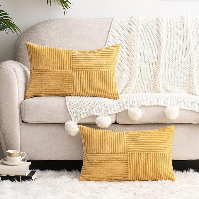 HWY 50 Mustard Yellow Corduroy Patchwork Throw Pillow Covers 12x20 Inch - Image 6