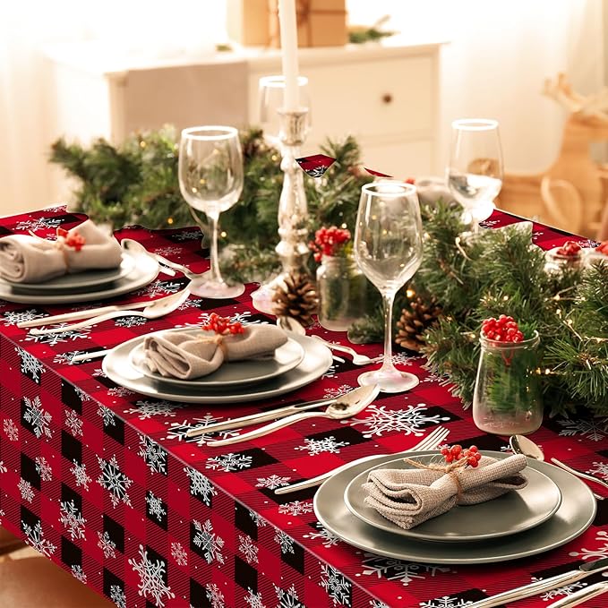 1 Pieces Red and Black Buffalo Plaid Merry Christmas Party Tablecloth - Image 5