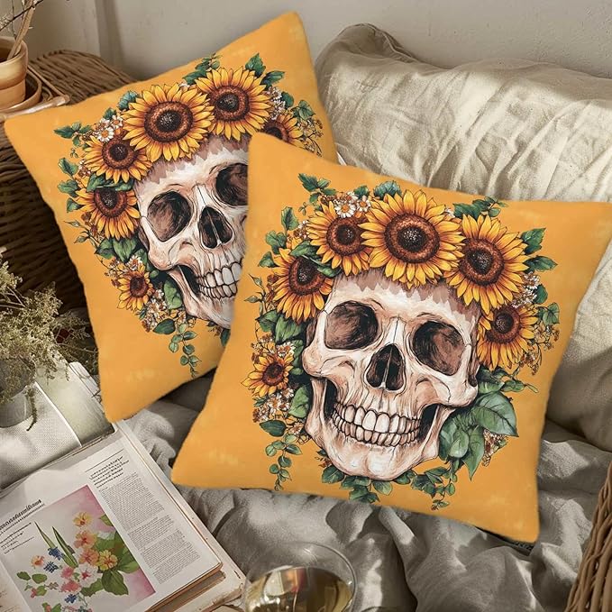 Sugar Skull Throw Pillow Covers 18x18 Set of 2 | Decorative Cushion Cases - Image 3