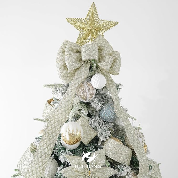 HUIHUANG Champagne Wired Ribbon 4 inch Glitter Christmas Tree Ribbon Diamond - Image 7