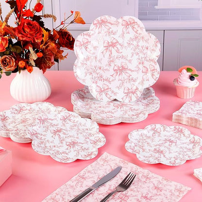 Quera 50 Pcs Pink Bow Paper Plates Coquette Party Supplies Pink Floral - Image 3