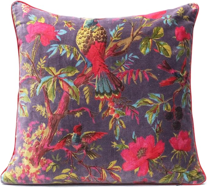 Eyes of India Velvet Floral Flower Bird Throw Pillow Sofa Cushion Cover Case by EyesofIndia