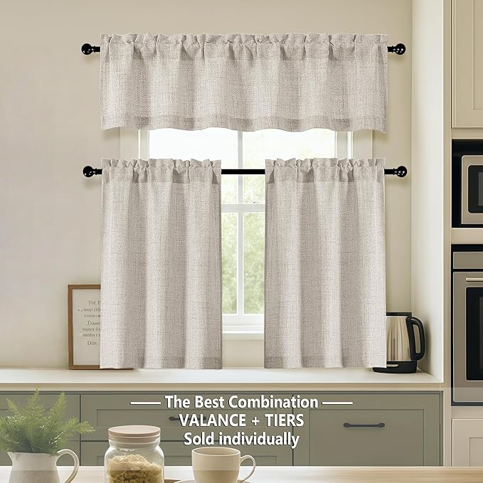 OVZME Kitchen Curtains 24 Inch Length, Light Filtering Faux Linen Textured - Image 2