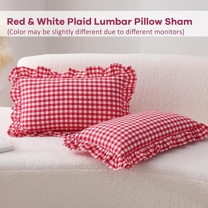 2 Pack Red Plaid Ruffle Gingham Lumbar Pillow Shams, 100% Washed Cotton Linen - Image 2