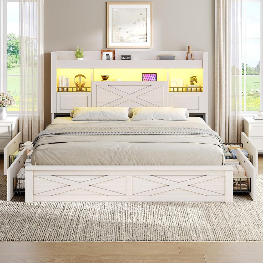 Farmhouse King Bed Frame with Flip-Down Bookcase Storage Headboard and 4 Draw...
