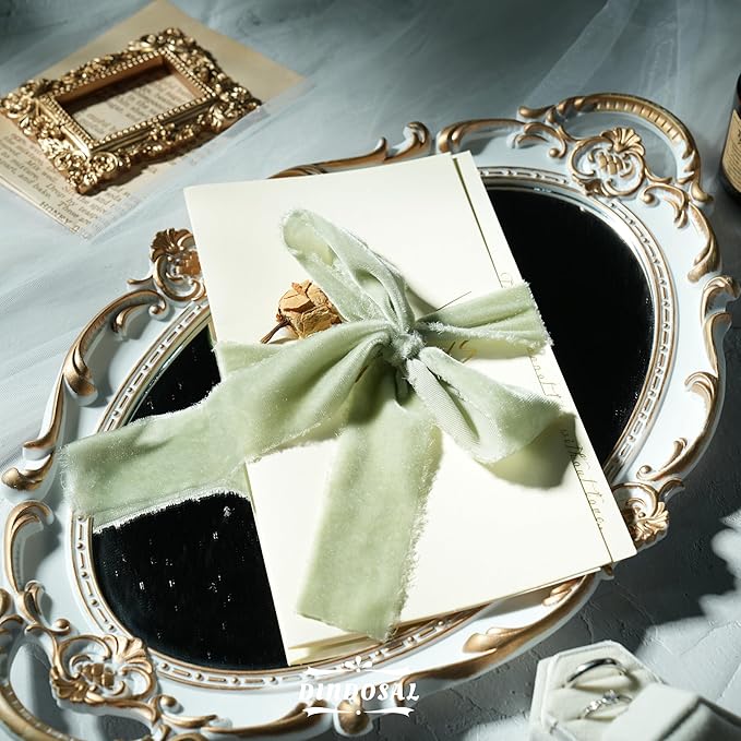Sage Green Velvet Ribbon 1.5 inch Green Frayed Velvet Ribbon Dusty Green Raw - Image 3