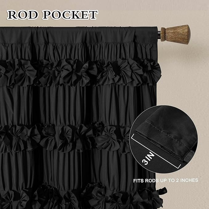 Black Blackout Curtains with Handmade Ruffles, Butterfly Flower Embellishments - Image 3