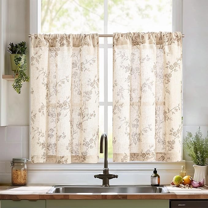 jinchan Floral Kitchen Curtains 36 Inch Linen Tier Curtains Farmhouse Cafe Half by JINCHAN
