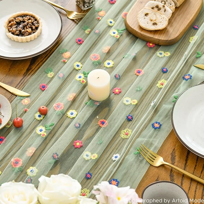 Artoid Mode 3PCS Sage Green Embroidery Daisy Gauze Table Runner 120 Inch 10FT - Image 4