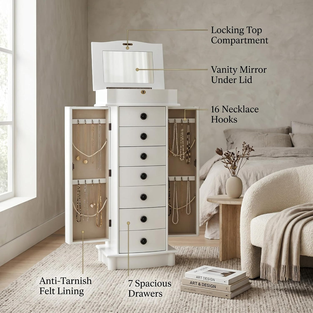 Hives and Honey Nora Jewelry Armoire Cabinet with Mirror – 7 Drawers, Locking...