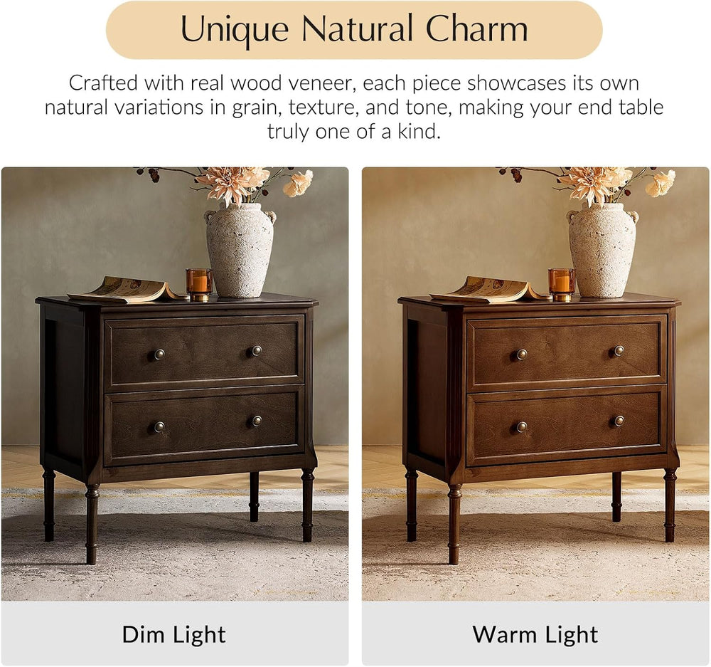 HULALA HOME Solid Wood End Table with Charging Station, Walnut, Set of 2