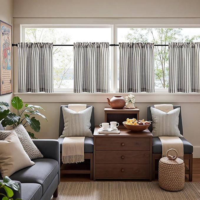 jinchan Striped Linen Kitchen Curtains 24 Inches Tier Curtains Farmhouse Modern - Image 3