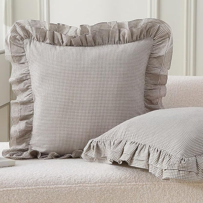 Aryeleay 2 Pack Brown White Plaid Gingham Ruffle Pillow Shams, 100% Washed by Aryeleay