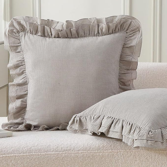 Aryeleay 2 Pack Brown White Plaid Gingham Ruffle Pillow Shams, 100% Washed by Aryeleay