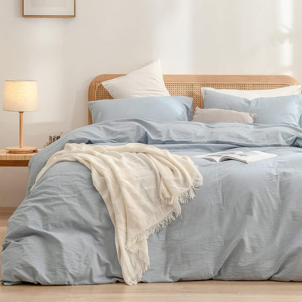 BESTOUCH Cotton Solid Duvet Cover Set Linen Feel Cornflower Blue Twin