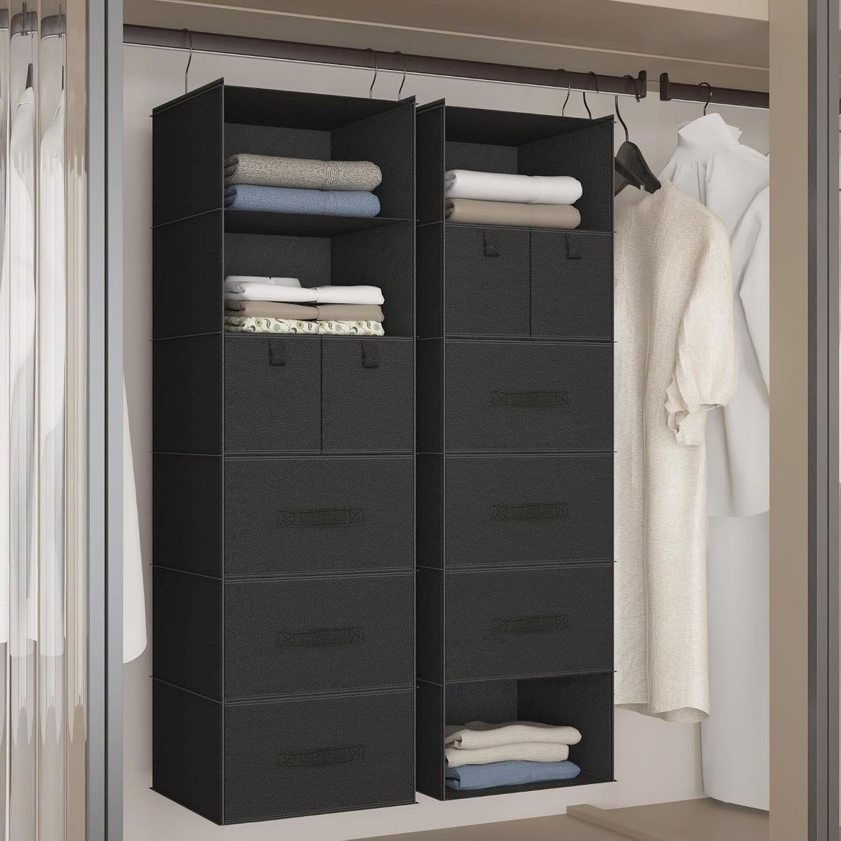 6-shelf hanging closet organizer with 5 drawers, non-woven showing dimensions