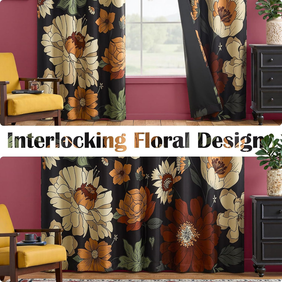 jinchan black boho floral blackout curtains 63 inch showing dimensions