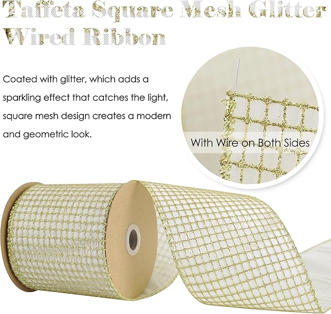 HUIHUANG Gold Glitter Wired Ribbon 4 inch - Image 7