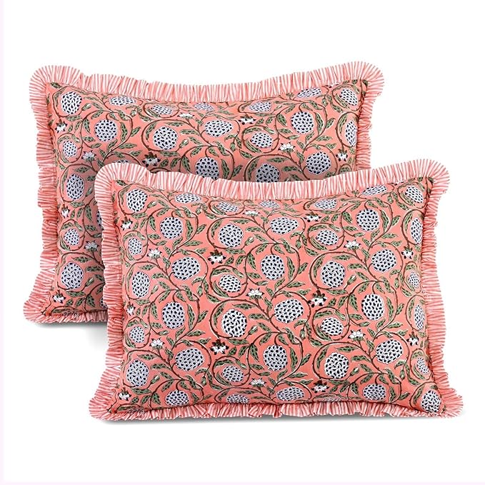 Ridhi Dark Salmon Pink 100% Cotton Block Print Ruffle Bed Sham Cover 20''×26'' by Ridhi