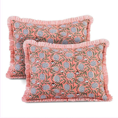Ridhi Dark Salmon Pink 100% Cotton Block Print Ruffle Bed Sham Cover 20''×26'' by Ridhi