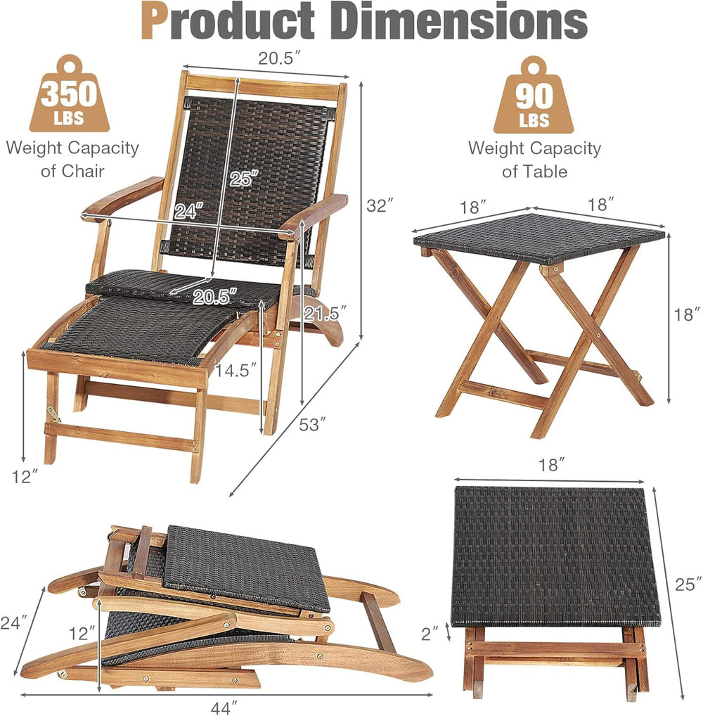 RELAX4LIFE Patio Lounge Chair Set - Outdoor Acacia Wood Chaise Lounge w/Side ...