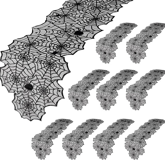 10 Pack Halloween Table Runners Black Lace Spider Web Linens