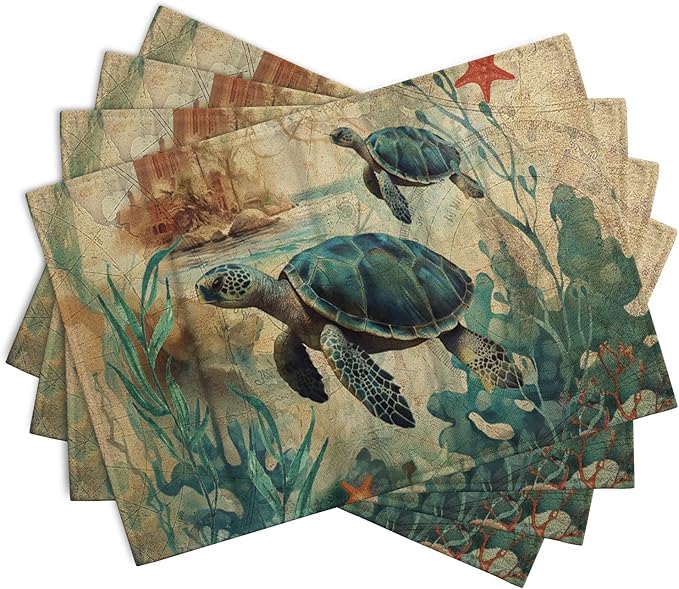 Sea Turtle Placemats Set of 4 Summer Beach Seasonal Linen Table Mats 12x18 Inch - Image 2
