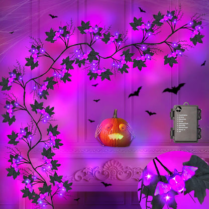 9FT 72 LED Halloween Willow Vine Twig Decor Black Halloween Garland with Bat & LED Purple Lights, 8 Modes Waterproof Battery Operated Halloween Lights Indoor Halloween Decorations for Home Wall Table