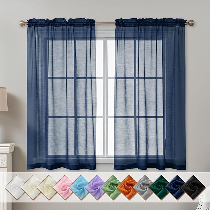Navy Blue Sheer Curtains 54 Inch Length, Privacy Semi Sheer Curtains by ABLUEN