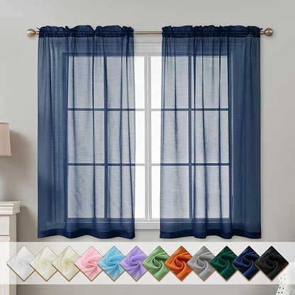 Navy Blue Sheer Curtains 54 Inch Length, Privacy Semi Sheer Curtains by ABLUEN