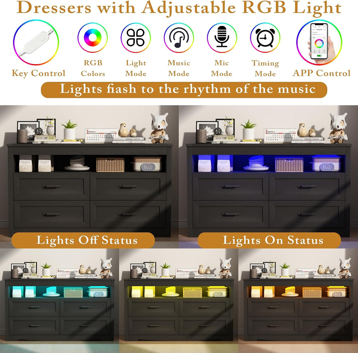 wodeer black dresser for bedroom, wood 4 drawer showing dimensions